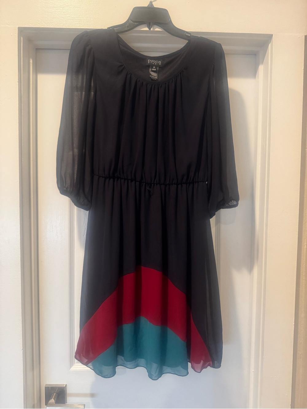 Enfocus Studio Navy Blue Chiffon Dress with Burgundy and Teal Hem